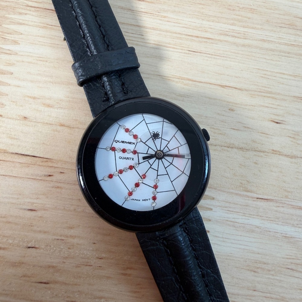 Vintage Quemex Spider Web Rhinestone Watch Black Leather Strap Japan Movt